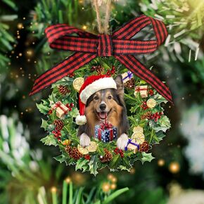 Talataca Sheltie with Christmas Red Truck Pine Tree Gift 2D Flat Car Rear View Mirror Accessories Christmas Tree Ornament Decoration Hanging Charm Interior Rearview Pendant Decor Gift