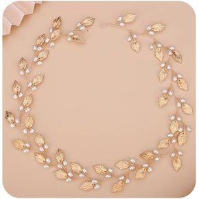 Teyglen Leaf Pearls Long Headband Hair Vine Handmade Bridal Leaves Headband Wedding Hair Accessories for Brides Hair Pieces Rose Gold Flower Headpieces for Women (60cm Gold)