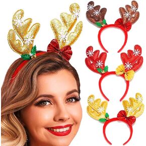 Christmas Headbands Reindeer Antlers Headband Bow Antler Headwear Xmas Hair Hoop Bell Christmas Party Costume Hair Accessories for Women and Girls(Pack of 3)