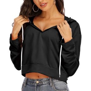 Anbenser Womens Cropped Hoodies Long Sleeve Pullover Crop Top Deep V Neck Sweatshirt (Black,Small)