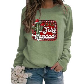 YourTops Women Feliz Navidad Sweatshirt Spanish Merry Christmas Cactus Shirt