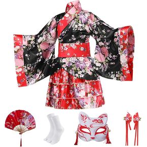 Japanese Kimono Anime Cosplay Costumes for Kids Girls Robes Fox Mask Tutu Skirt Set Size 8-9(140CM)