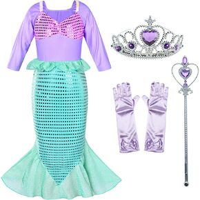 Little Girls Mermaid Costume Princess Dress Up for Birthday with Accessories(Gloves+Crown+Wand)