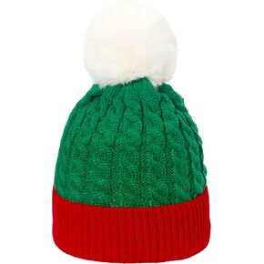 Christmas Beanie Hat with Fur Pom Pom New Year Knitted Skull Cap Santa Winter Warm Watch Hats for Women, Men