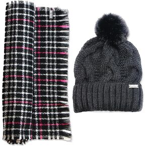 Nicole Miller Women's Winter Beanie and Hanging Scarf, Black Plaid, One Size