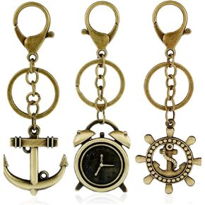 Vintage Bronze Metal Cute Keychain, 3 Pieces Set Animal Stylish Key Ring Pendant Funny Key Chain Charm Gift Accessories for Men Women (Clock/Wheel/Anchor), Small Size