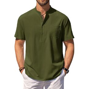 COOFANDY Mens Short Sleeve Henley Casual Shirt Summer Shirts Beach Shirts Banded Collar Shirt Tshirts Shirts with Pocket