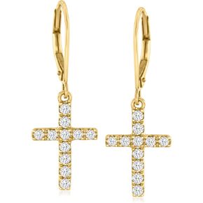 Ross-Simons 0.55 ct. t.w. Diamond Cross Drop Earrings in 14kt Yellow Gold