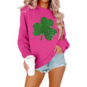 FAYALEQ St Patrick's Day Sweatshirt Women Shamrock Sequin Pullover Lucky Clover Hoodie Holiday Long Sleeve Tops
