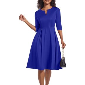 Nmoder Casual Midi Dresses for Women Semi-Formal Church Cocktail A-line 3/4 Sleeve Fit and Flare Dress with Pockets