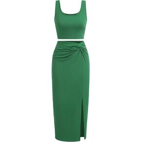 Women's Two Pieces Skirt with Crop Tank Slit Twist Skirt Set Bodycon Dress Crop Top and Draped Ruched Maxi Skirts
