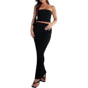 Women’s Strapless 2 Piece Outfits Stacked Sleeveless Tube Cropped Tops and Bodycon Maxi Dress Matching Set