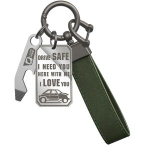 Drive Safe Car Key Chain & Leather Strap, EDC Multitool and Anti-Lost D-Ring Keychain, Gifts for Men Boyfriend