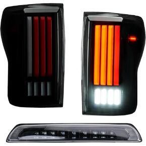 (3 Pack) Taillight Assembly + 3rd Brake Light for 2007-2013 Toyota Tundra [For Incandescent Models], Dynamic Flowing Rear Lights+High Mount Stop Light w/o Blind Spot, Chrome Housing Clear Lens