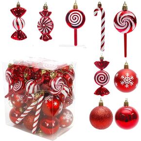 36 Pcs Red and White Christmas Ornaments, Shatterproof Plastic Red Christmas Ornaments for Tree - Candy Cane Christmas Decorations Candies Christmas Ball Ornaments for Xmas Tree Party Decoration