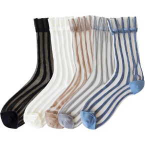 Yomutuir Sheer Socks for Women, Summer Mesh Stripe Patterned Transparent Thin Lace Elastic Crystal Glass Socks