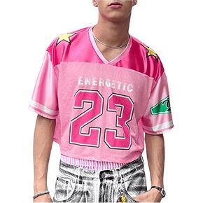 WDIRARA Men's Jersey Shirt Number Letter Graphic T Shirt V Neck Short Sleeve Crop Top