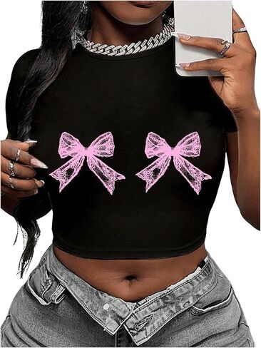 SOLY HUX Women's Y2k Graphic Tees Short Sleeve Bow Print T Shirt Crop Tops in Saudi Arabia