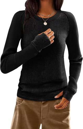Women Waffle Knit Tops Thermal Long Sleeve Shirts Slim Fitted Crewneck Shirt Fall Winter Tops 2025 in Saudi Arabia