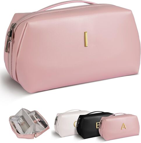 Valentines Day Gifts - Initial Makeup Bag for Women Teen Girls, Large Capacity & Wide Open Cosmetic Bags, PU Leather Toiletry Bag, Graduation Gifts Ideas, Bridesmaid Gifts, Friendship Gifts in Saudi Arabia