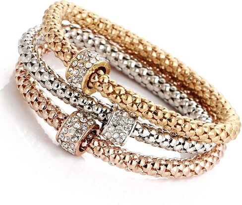 RINHOO FRIENDSHIP 3PCS Gold Silver Rose Gold Corn Chain Bracelet Crystal Multilayer Charms Stretch Bracelet for Women in Saudi Arabia