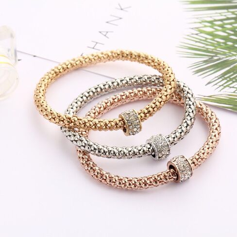 RINHOO FRIENDSHIP 3PCS Gold Silver Rose Gold Corn Chain Bracelet Crystal Multilayer Charms Stretch Bracelet for Women in Saudi Arabia