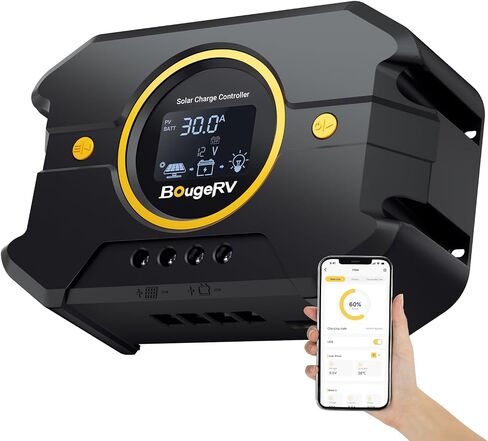 BougeRV Li 30A PWM Solar Charge Controller 12V 24V, with Backlit Display, USB Port, Negative Ground Battery Intelligent Regulator for Solar Panels Compatible with LFP, AGM, SLD, FLA, for RV, Off-Gird in Kuwait
