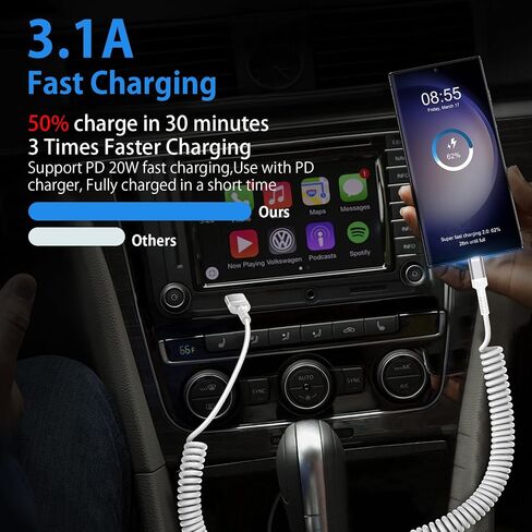 USB to USB C Coiled Cable Fast Charging for iPhone 16/16 Pro/16 Pro Max/16 Plus/15/15 Pro/15 Pro Max/Plus,3FT Retractable Car Charger Cord Android Auto for Samsung Galaxy A15 A55 S24,Pixel 9 Pro Fold in Saudi Arabia