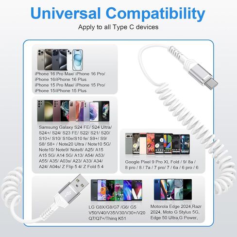 USB to USB C Coiled Cable Fast Charging for iPhone 16/16 Pro/16 Pro Max/16 Plus/15/15 Pro/15 Pro Max/Plus,3FT Retractable Car Charger Cord Android Auto for Samsung Galaxy A15 A55 S24,Pixel 9 Pro Fold in Saudi Arabia