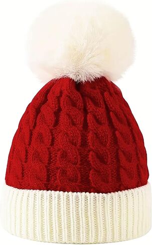 Christmas Beanie Hat with Fur Pom Pom New Year Knitted Skull Cap Santa Winter Warm Watch Hats for Women, Men in Saudi Arabia