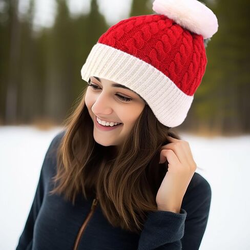 Christmas Beanie Hat with Fur Pom Pom New Year Knitted Skull Cap Santa Winter Warm Watch Hats for Women, Men in Saudi Arabia