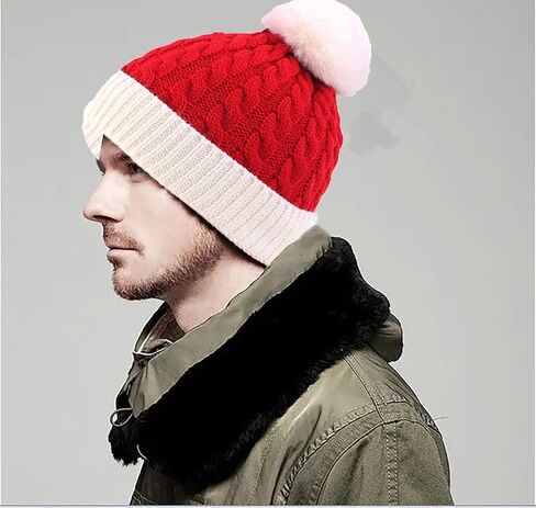 Christmas Beanie Hat with Fur Pom Pom New Year Knitted Skull Cap Santa Winter Warm Watch Hats for Women, Men in Saudi Arabia