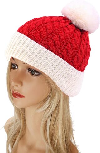 Christmas Beanie Hat with Fur Pom Pom New Year Knitted Skull Cap Santa Winter Warm Watch Hats for Women, Men in Saudi Arabia