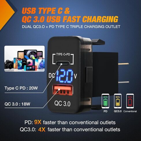 Nilight Rocker Switch Style شاحن USB LED الفولتميتر شحن سريع 12 فولت PD نوع C وQC 3.0 شاحن سيارة 1.54 بوصة × 0.83 بوصة استبدال مع الصمامات المضمنة لتاكوما تندرا 4Runner FJ Cruiser Hilux Fortuner in Saudi Arabia