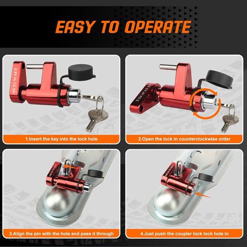 METOWARE Trailer Tongue Coupler Lock with All-Weather Rubber Cap, 1/4" Dia with 7/10" Span Heavy-Duty Trailer Coupler Lock for Tow Boat RV Truck Car's Coupler (1 Pack, Red) in Saudi Arabia