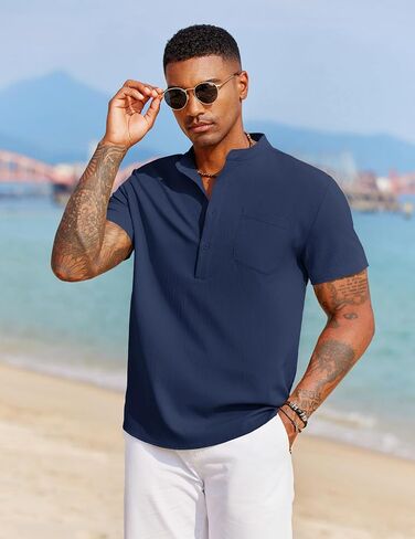 COOFANDY Mens Short Sleeve Henley Casual Shirt Summer Shirts Beach Shirts Banded Collar Shirt Tshirts Shirts with Pocket in Saudi Arabia