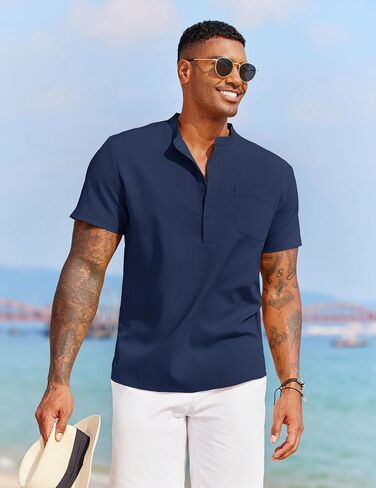 COOFANDY Mens Short Sleeve Henley Casual Shirt Summer Shirts Beach Shirts Banded Collar Shirt Tshirts Shirts with Pocket in Saudi Arabia