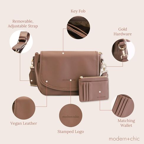 حقيبة كروس عصرية + أنيقة للنساء - محفظة كروس مميزة، حقيبة جلدية نباتية مع محفظة متطابقة وسلسلة مفاتيح in Kuwait