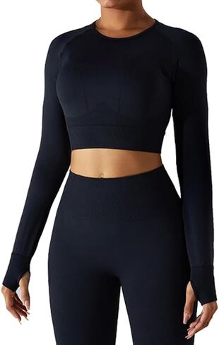 Shed VedaFlex Long Sleeve Crop Tops and Leggings for Women - Seamless Workout, Breathable Yoga Athletic Gym Wear Onyx Black in Saudi Arabia