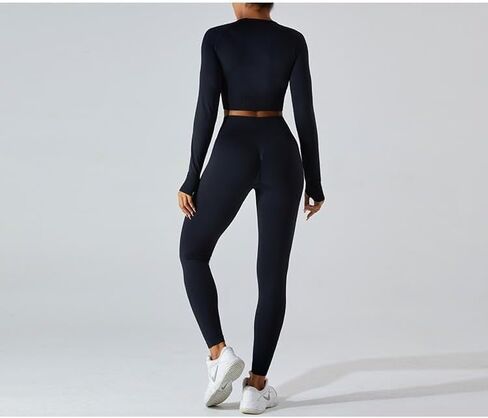 Shed VedaFlex Long Sleeve Crop Tops and Leggings for Women - Seamless Workout, Breathable Yoga Athletic Gym Wear Onyx Black in Saudi Arabia