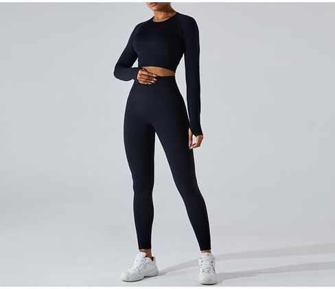 Shed VedaFlex Long Sleeve Crop Tops and Leggings for Women - Seamless Workout, Breathable Yoga Athletic Gym Wear Onyx Black in Saudi Arabia