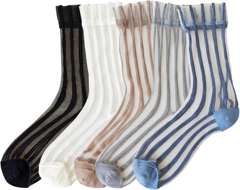 Yomutuir Sheer Socks for Women, Summer Mesh Stripe Patterned Transparent Thin Lace Elastic Crystal Glass Socks in Saudi Arabia
