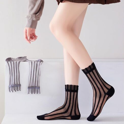 Yomutuir Sheer Socks for Women, Summer Mesh Stripe Patterned Transparent Thin Lace Elastic Crystal Glass Socks in Saudi Arabia