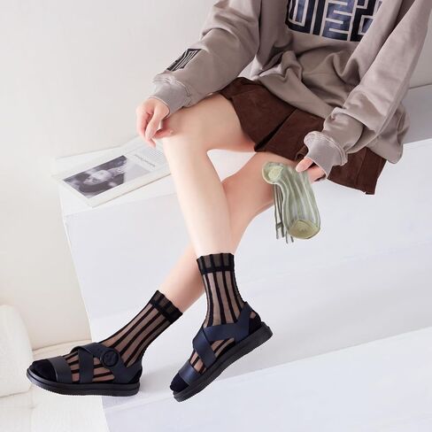 Yomutuir Sheer Socks for Women, Summer Mesh Stripe Patterned Transparent Thin Lace Elastic Crystal Glass Socks in Saudi Arabia