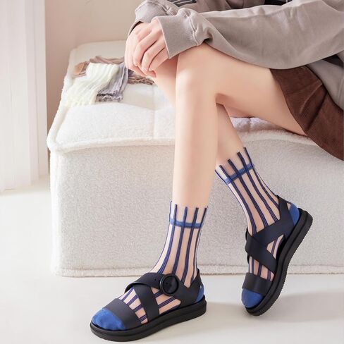 Yomutuir Sheer Socks for Women, Summer Mesh Stripe Patterned Transparent Thin Lace Elastic Crystal Glass Socks in Saudi Arabia