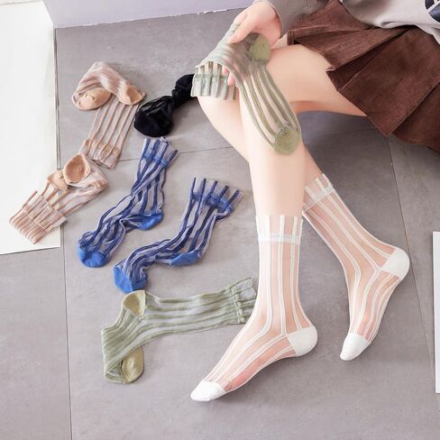Yomutuir Sheer Socks for Women, Summer Mesh Stripe Patterned Transparent Thin Lace Elastic Crystal Glass Socks in Saudi Arabia
