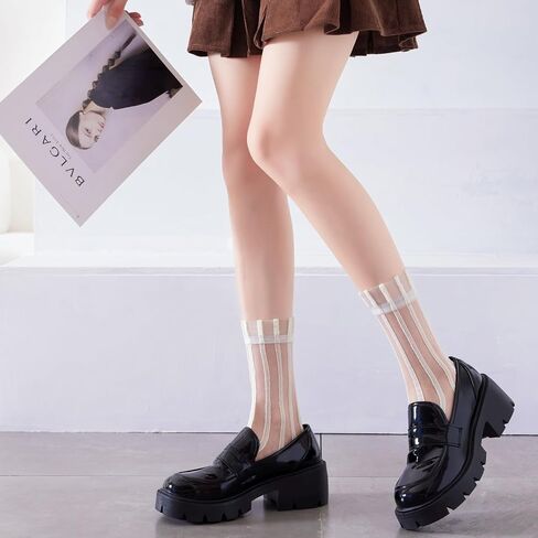Yomutuir Sheer Socks for Women, Summer Mesh Stripe Patterned Transparent Thin Lace Elastic Crystal Glass Socks in Saudi Arabia