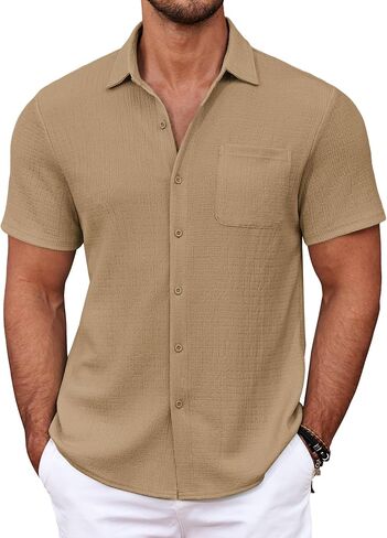 COOFANDY Men's Casual Button Down Shirts Short Sleeve Textured Shirt Summer Untucked Vacation Beach Wedding Shirts in Saudi Arabia