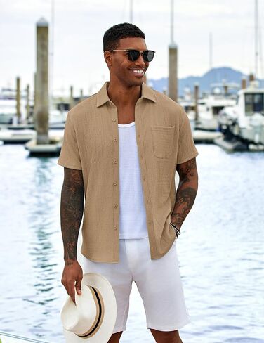COOFANDY Men's Casual Button Down Shirts Short Sleeve Textured Shirt Summer Untucked Vacation Beach Wedding Shirts in Saudi Arabia