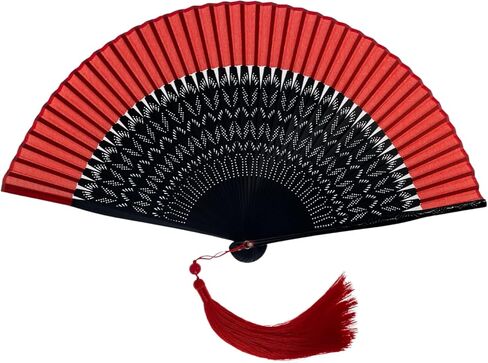 FANSOF.FANS Floral Red and Black Chinese Japanese Silk Fabric Handheld Folding Hand Fan with Pouch and Box Grade A Bamboo Ribs for Women Girls Dance Event Birthday Wedding Favor (Style 02) in Kuwait